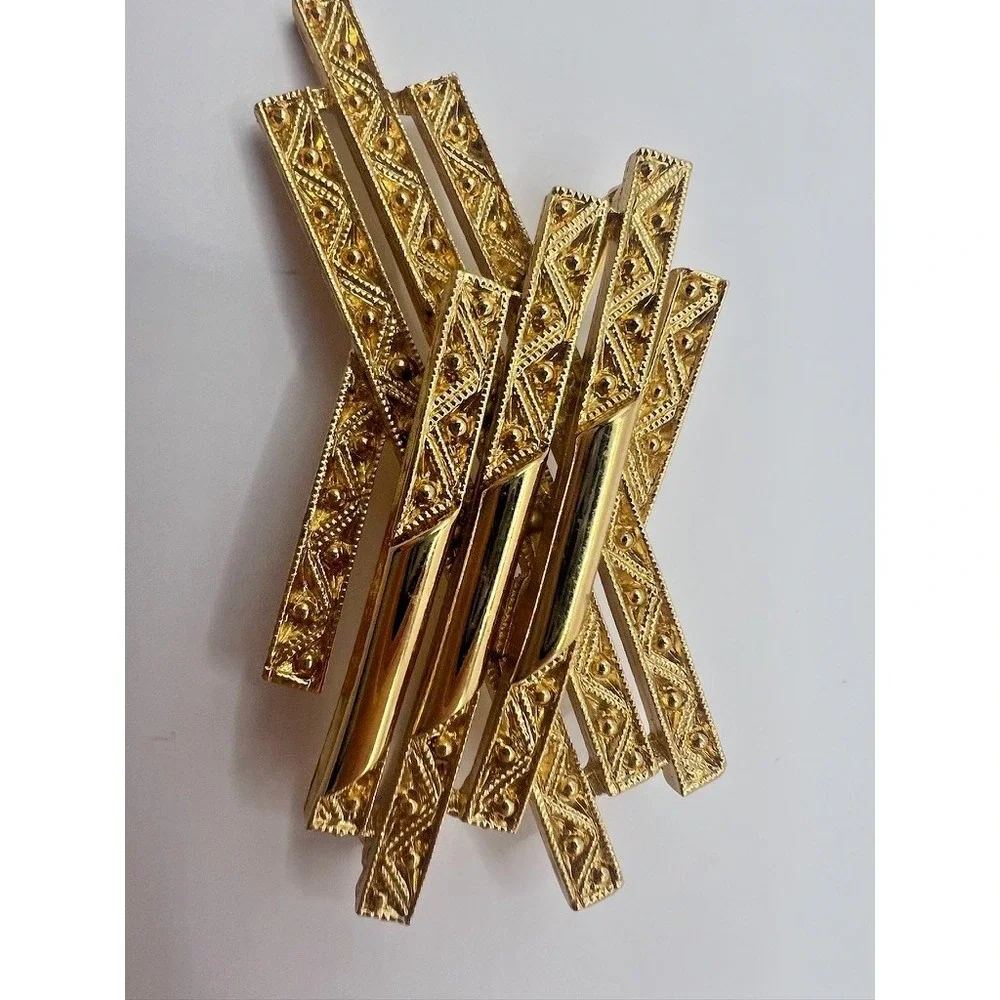 Monet Gold Brooch Abstract‎ Textured Bars Modernist Pin Vintage Signed Statement